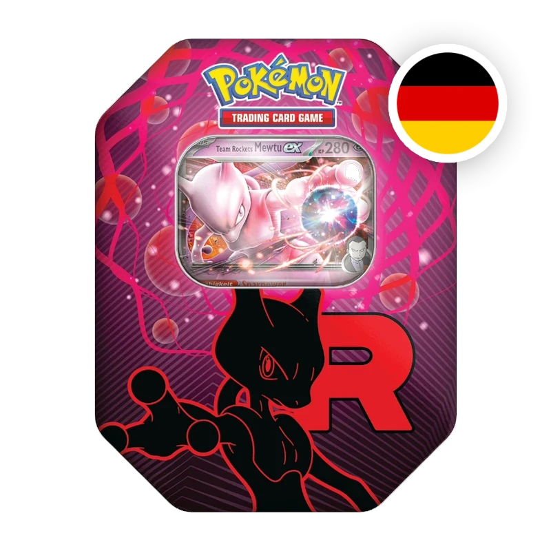 Pokemon S/V Team Rockets Mewtu ex Tin, deutsche Ausgabe — originalverpackte Metalldose